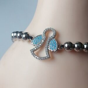 Adjustable Bracelet Silver Beads Angel Charm Turquoise Colour Clear Pavé Crystal